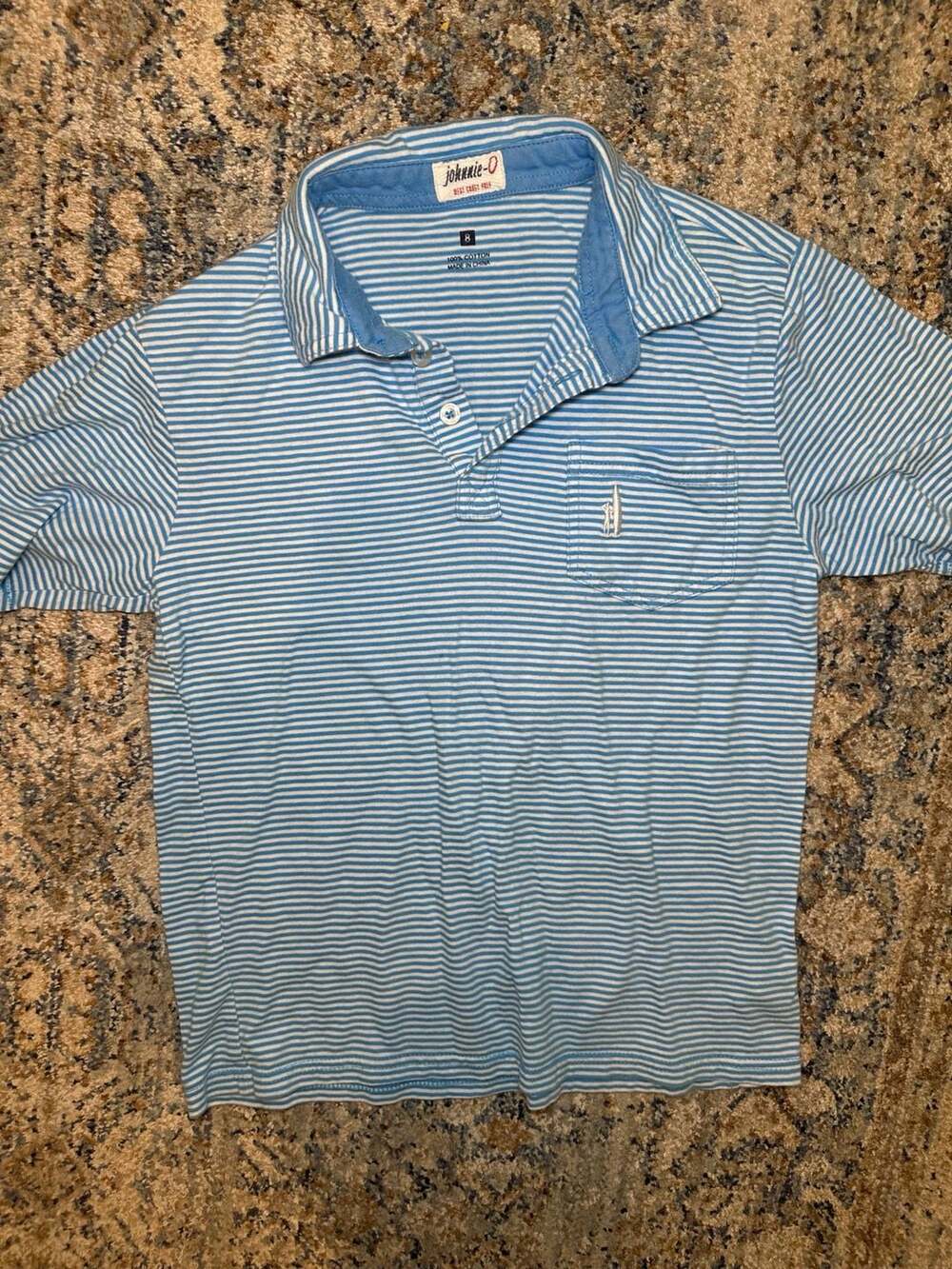 johnnie-O West Coast Prep Polo Size Youth 8 Blue White Striped Short Sleeve